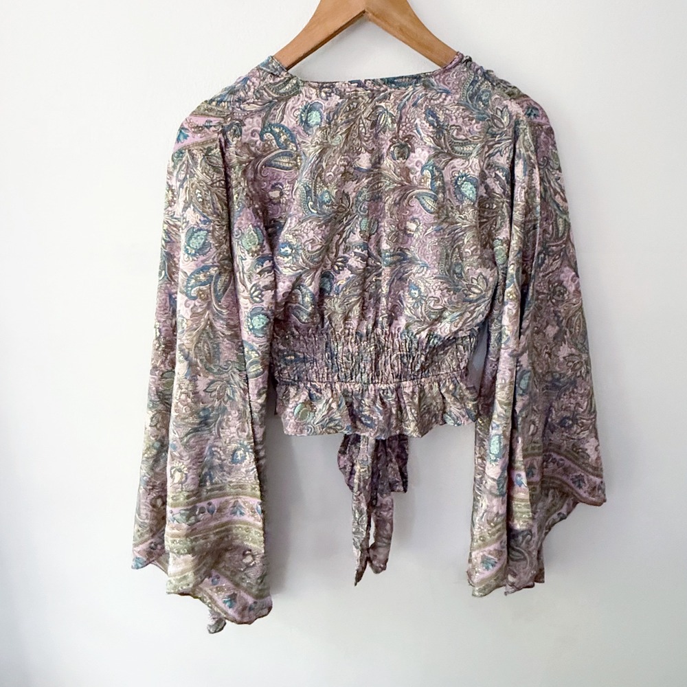 Earthbound Paisley Crop Top Medium Boho Bell Sleeve Tie Front Hippie Festival - Picture 5 of 8